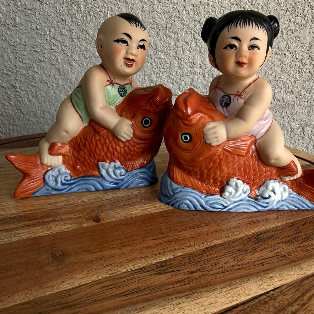 Vintage Set of Hand Painted Porcelain Figurines Chinese Lucky Children Koi Fish
